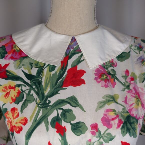 Vintage 80s Floral Cotton Dress Peter Pan Collar Cottagecore Midi - Picture 12 of 16